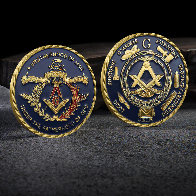 Gold Plating Masonic Tools Design Double Side Gold Challenge Coins with Campass And Square Logo