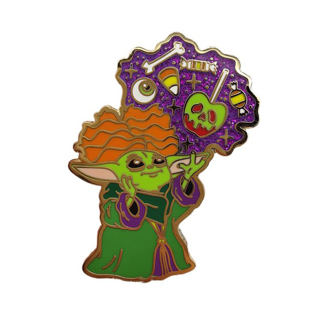 Zinc Alloy Halloween Theme Yoda Lapel Pin Purple Glitter Filled Hard Enamel Pin Supplier