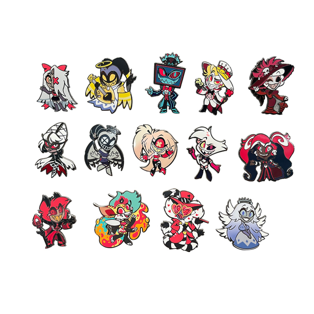 Customized Different Shape Black Nickel Plated Anime Enamel Pin Hazabin Hotel Character Metal Hard Enamel Pin Badge with Uv Printing