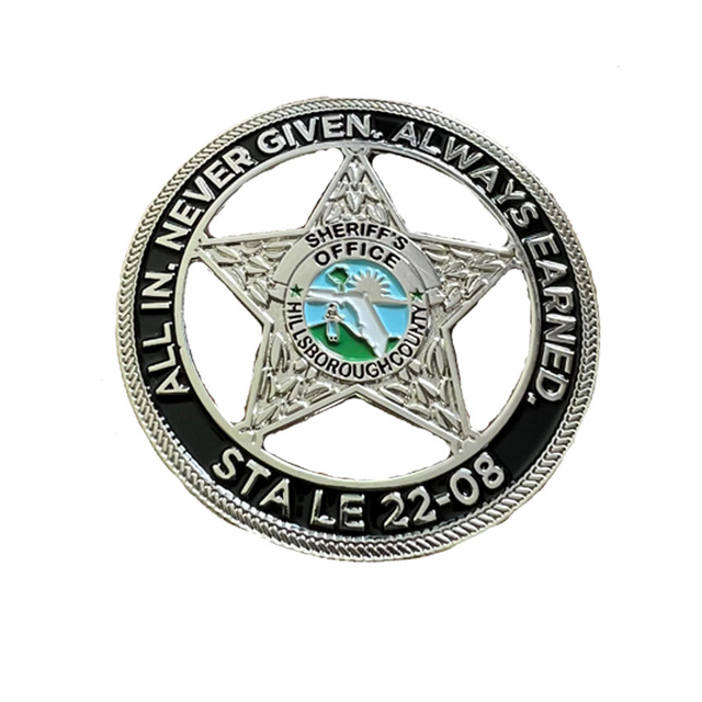 2024 New Design 3d Effect Star Shape Sheriff Badge Round Shape Silver Challange Army Coins with Cut Out