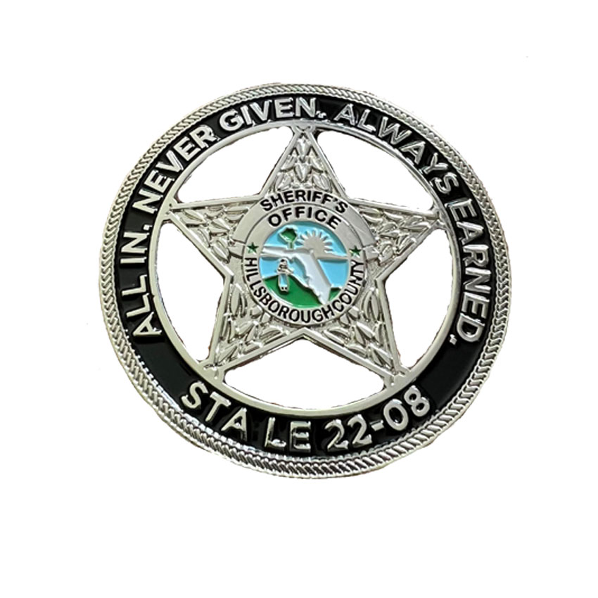 2024 New Design 3d Effect Star Shape Sheriff Badge Round Shape Silver Challange Army Coins with Cut Out