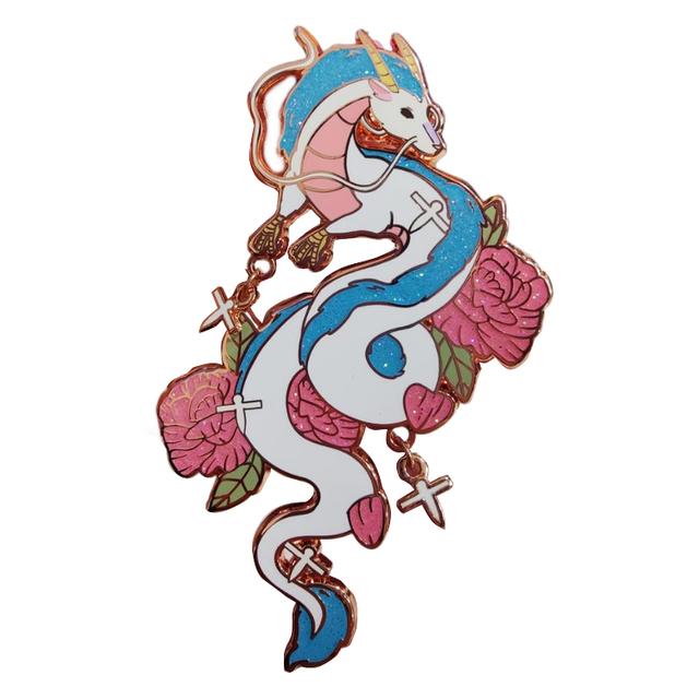 Rose Gold Plated Big Size 4inch Dragon Enamel Pin Spirited Away Cartoon Movie Design Glitter White Dragon Pins with Small Dangles 